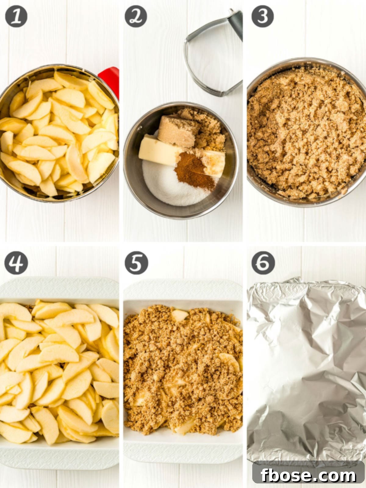 Step-by-step photo collage showing how to prepare the ingredients and layer the apple brown betty dessert recipe before baking.