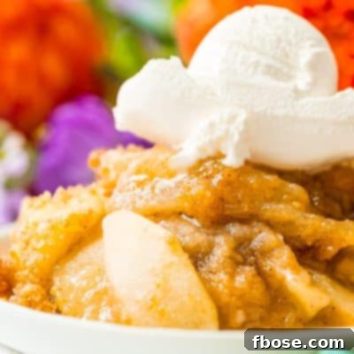 Close up photo of apple brown betty on a white plate topped with ice cream.
