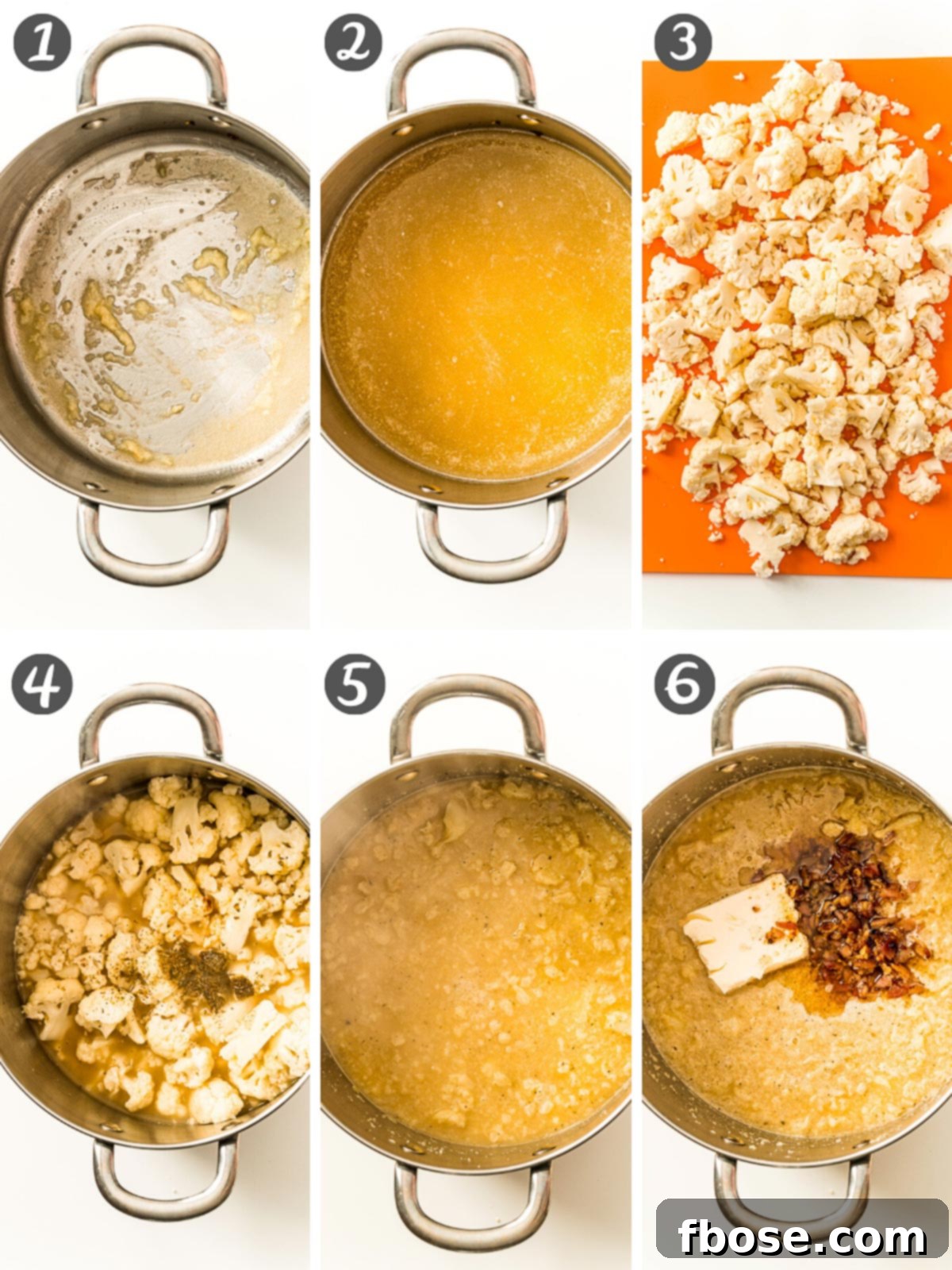 Step by step photo collage illustrating the process of making creamy cauliflower chowder, from chopping ingredients to the final simmer.