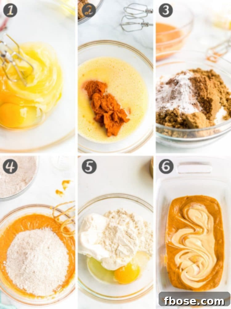 A visual guide showing the progression of making pumpkin bread swirled with cream cheese, from mixing ingredients to the layered loaves before baking.