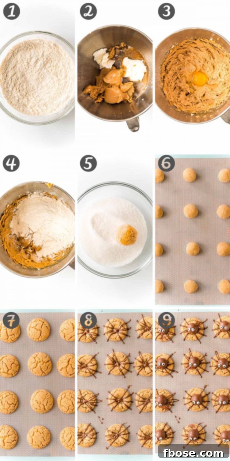 Collage of step-by-step photos showing how to make Halloween spider cookies.