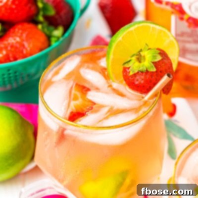 Close up photo of a pink gin spritz in a gold rimmed glass garnished with a lime and strawberry.