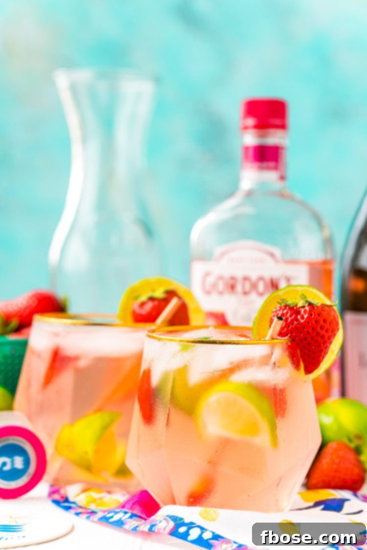 Glasses with a pink cocktail in them next to bottles of liquor on a table. 