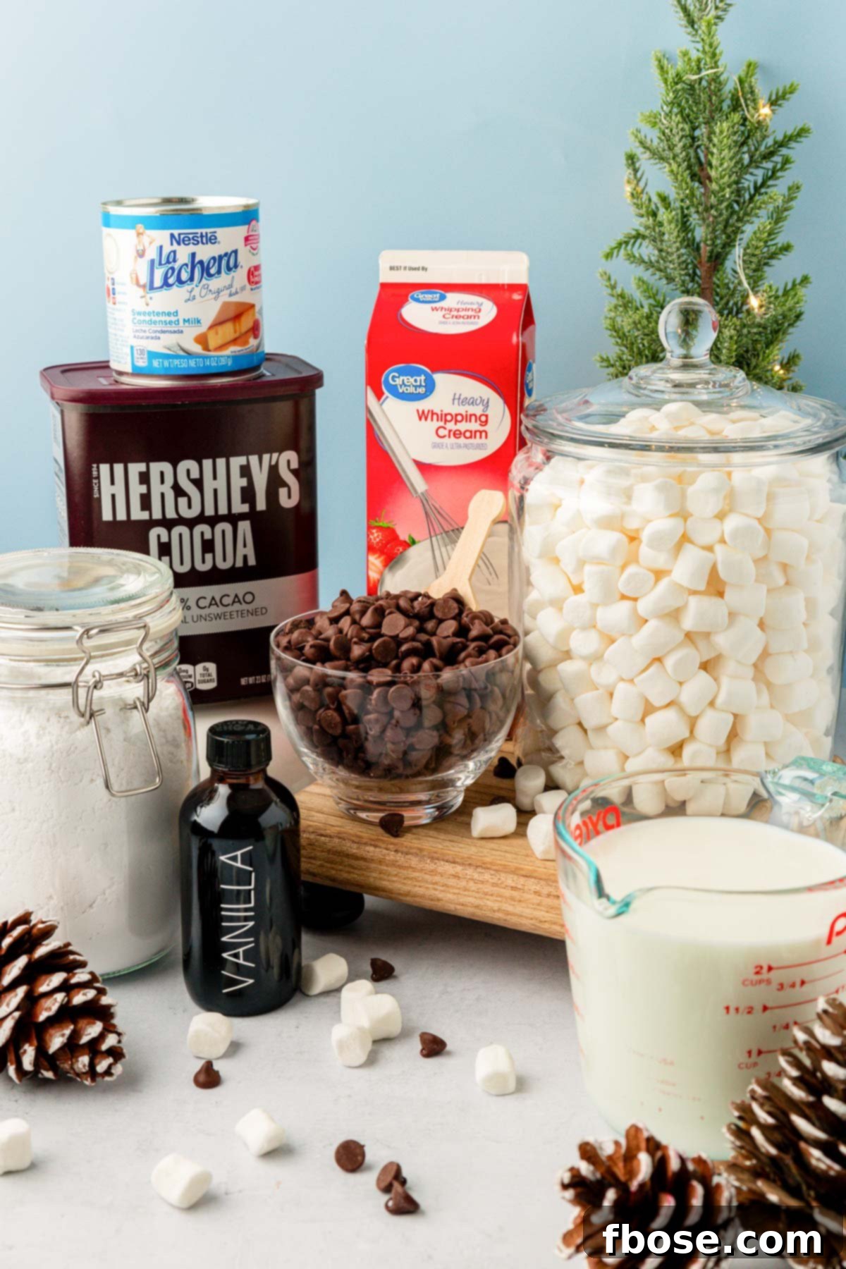 Various high-quality ingredients laid out on a table, including chocolate chips, cocoa powder, milk, cream, and vanilla, ready to be combined for slow cooker hot chocolate.