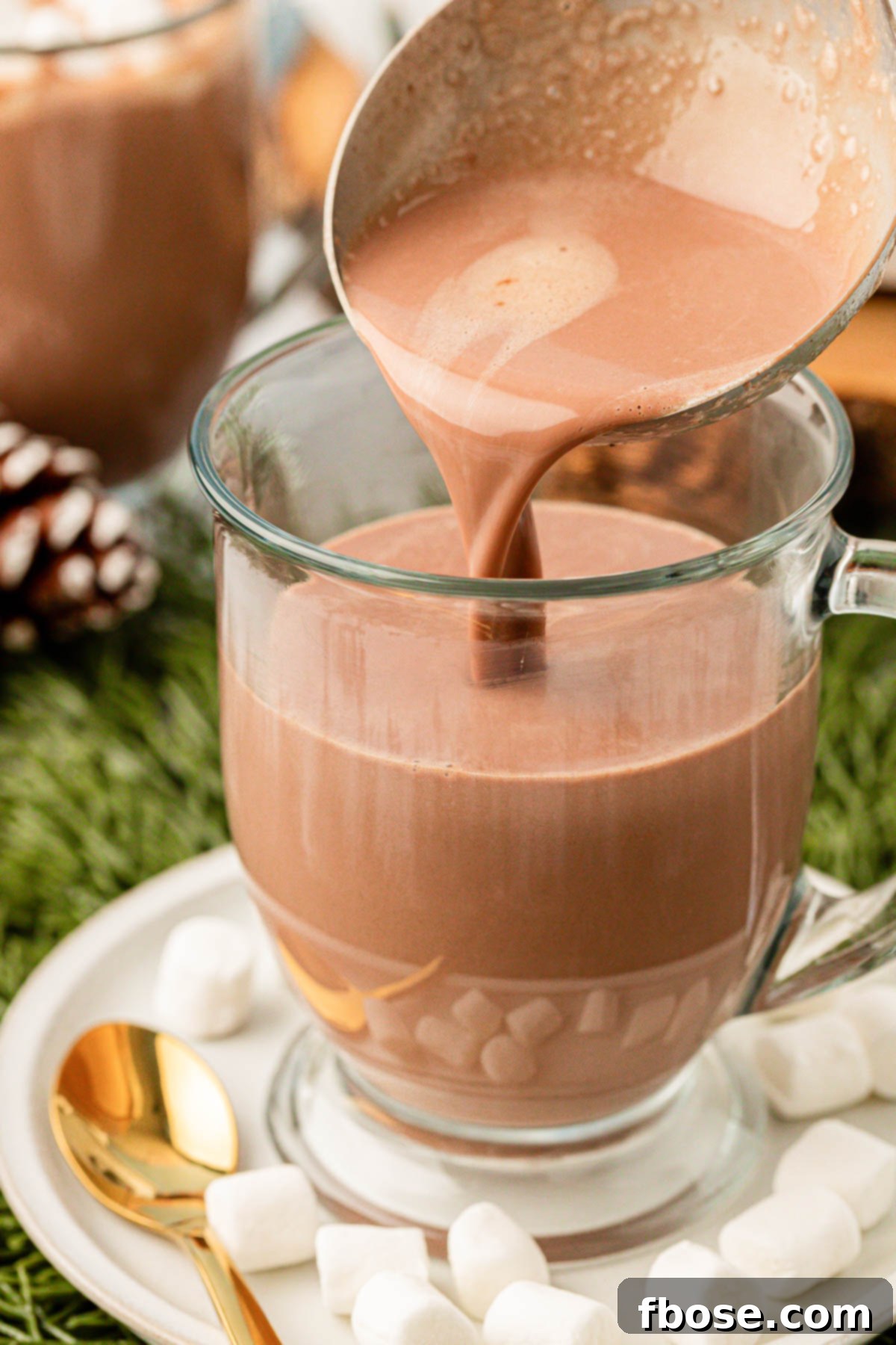 A comforting image of hot chocolate being carefully ladled into a transparent glass mug, highlighting its rich color and inviting texture.