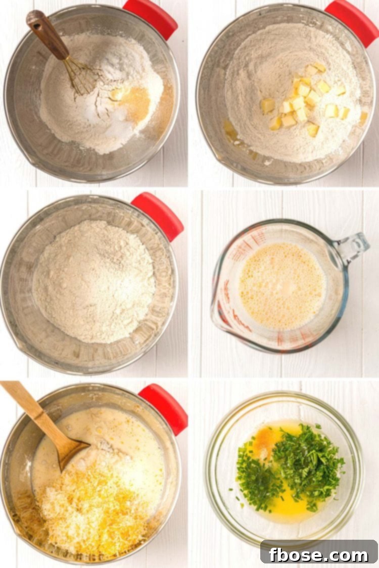 Step by step photo collage showing how to make cheddar biscuits.