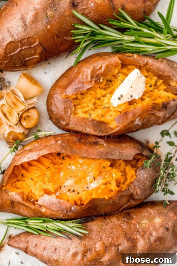 Overhead photos of baked sweet potatoes, the middle ones have been sliced into and topped with butter, salt, and pepper.