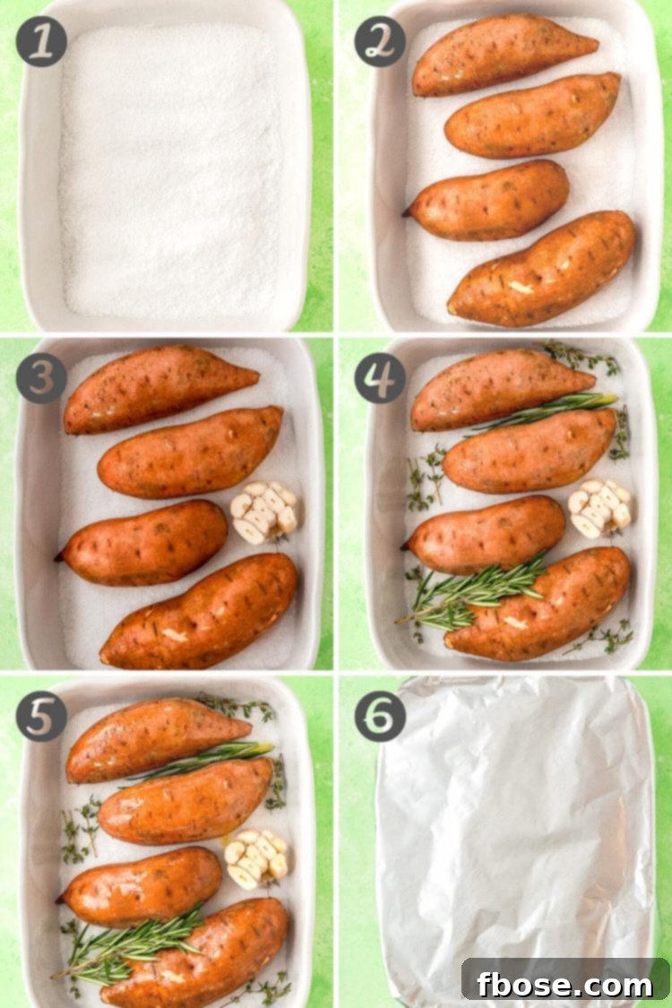 Step by step photo collage showing how to make salt baked potatoes.