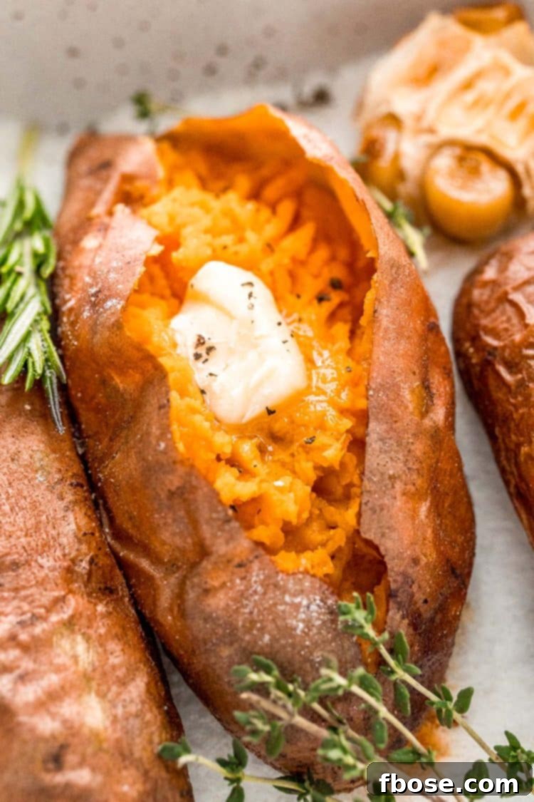 Close up photo of a baked sweet potato with garnishes around it.