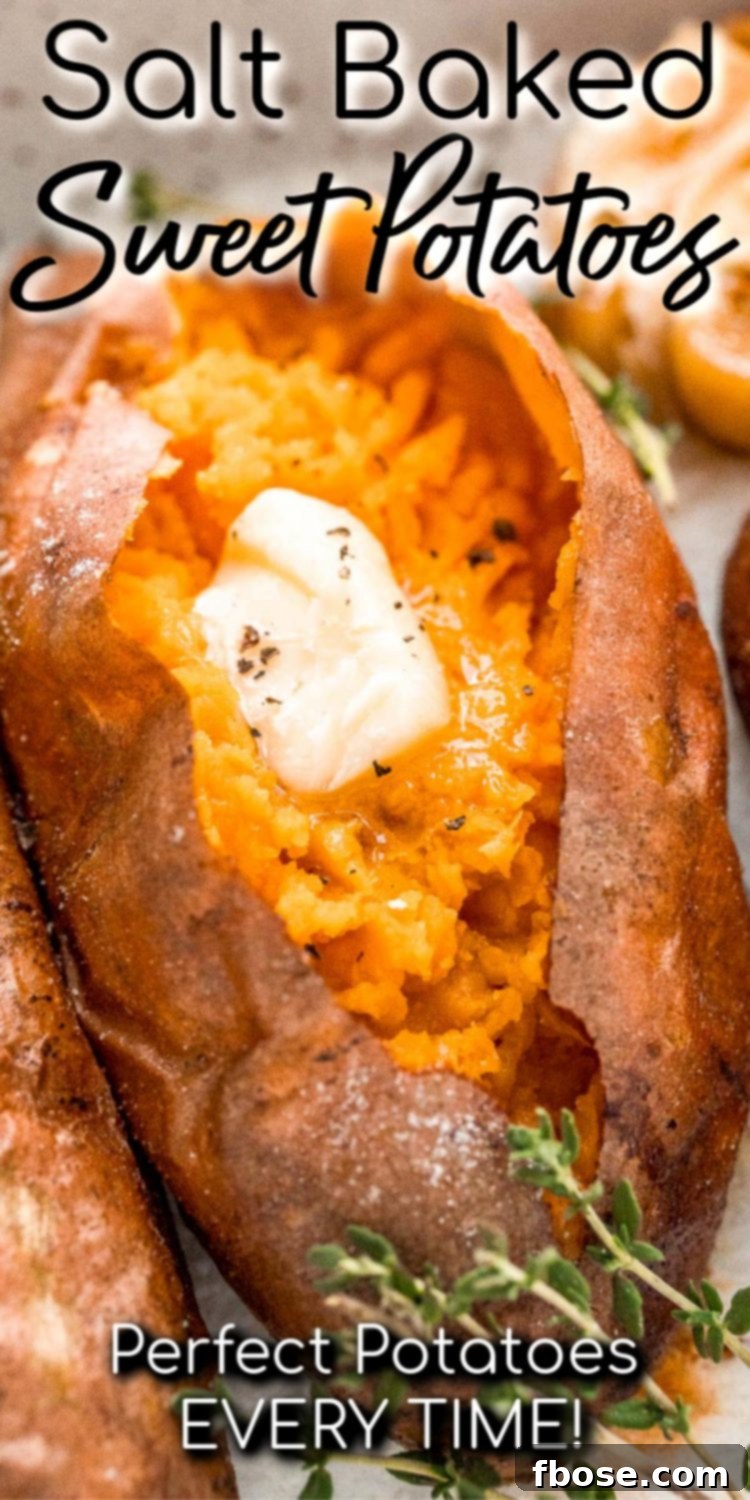 Close up photo with text overlay for salt baked sweet potatoes.