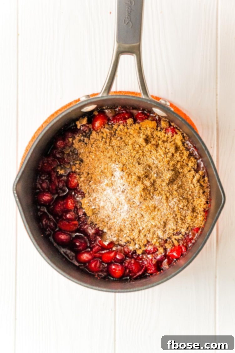 Cranberries and  brown sugar and spices in a medium saucepan.