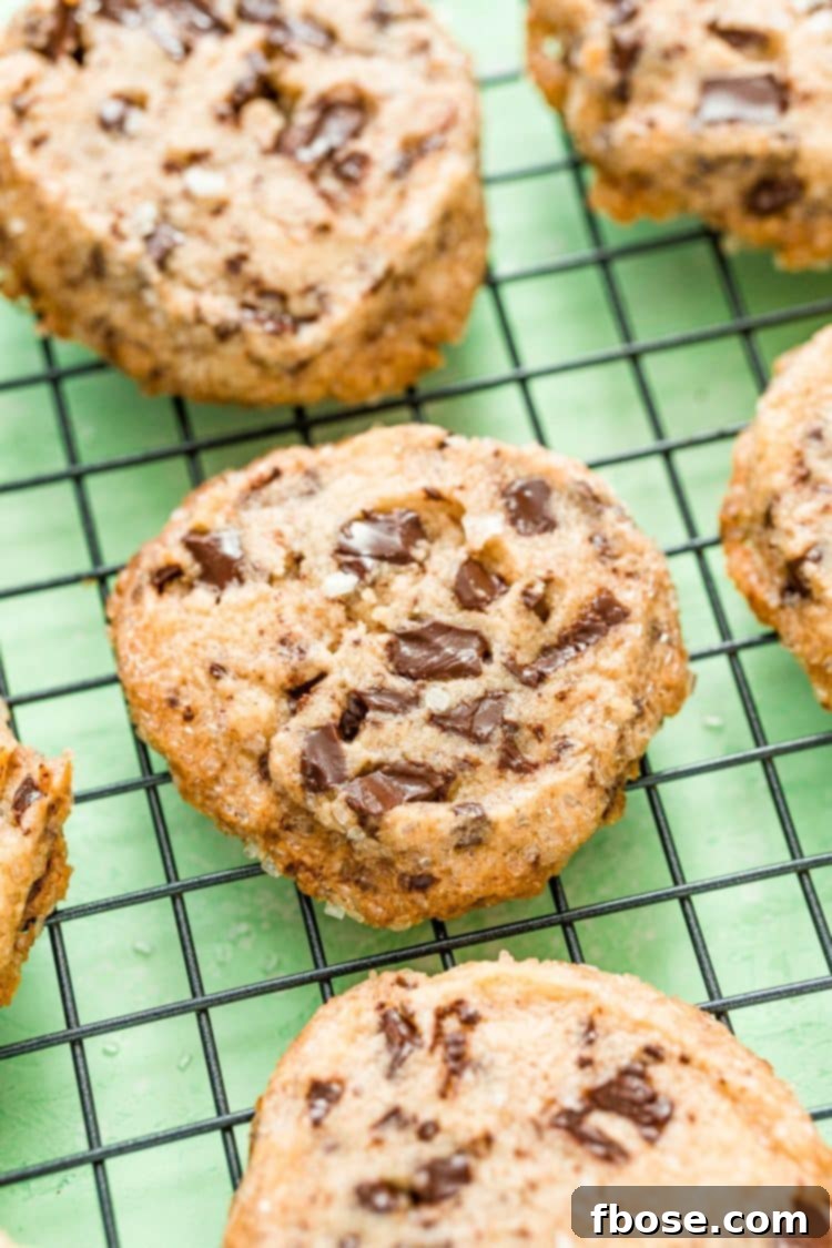 Salted chocolate chunk shortbread cookies on a wire rack.