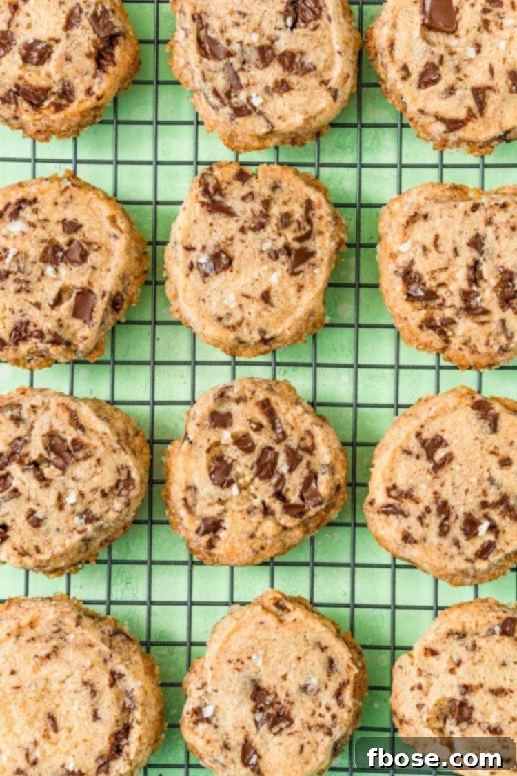 Salted Chocolate Chunk Shortbread Cookies on a wire cooling rack.