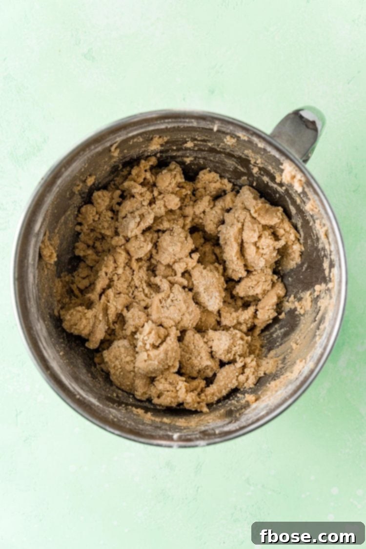 Overhead photo of cookie dough in a metal mixing bowl.