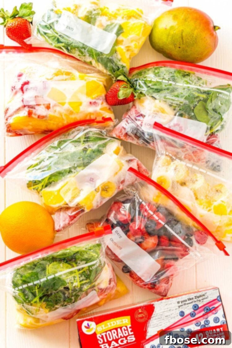 Frozen smoothie packs with fruit scattered around.