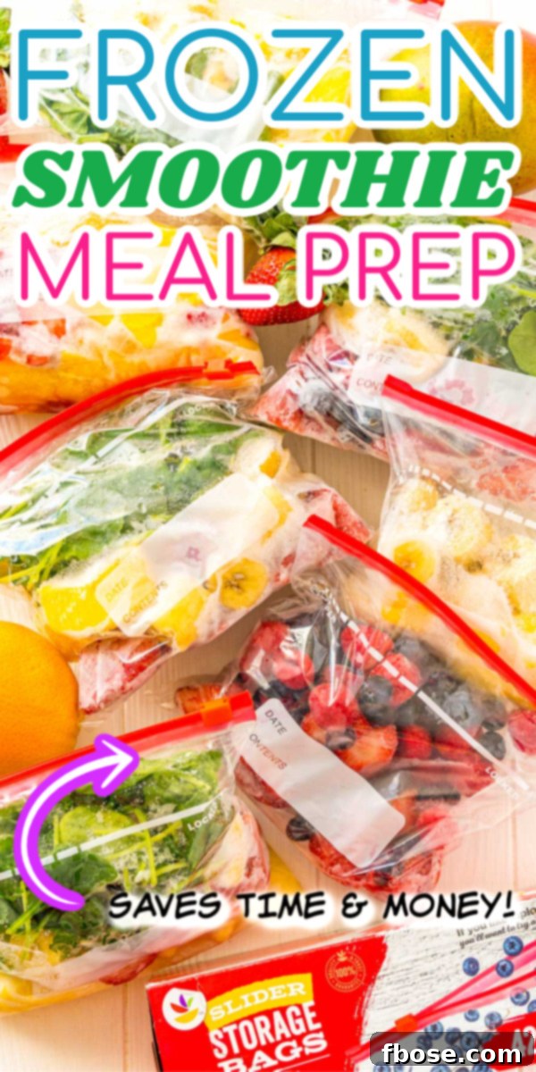 Freezer bags filled with frozen fruits and vegetables to make smoothies with. Has a test overly for pinterest.