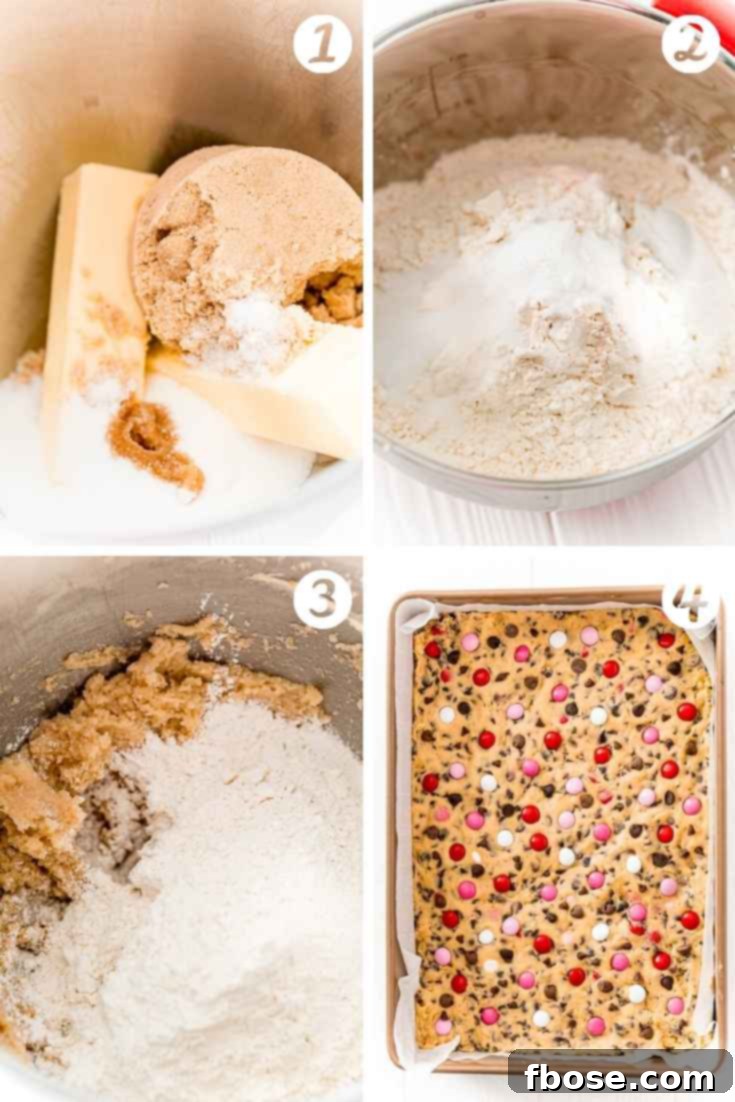 A four-panel photo collage demonstrating the step-by-step process of making chocolate chip cookie bars, from mixing ingredients to spreading dough in a pan.
