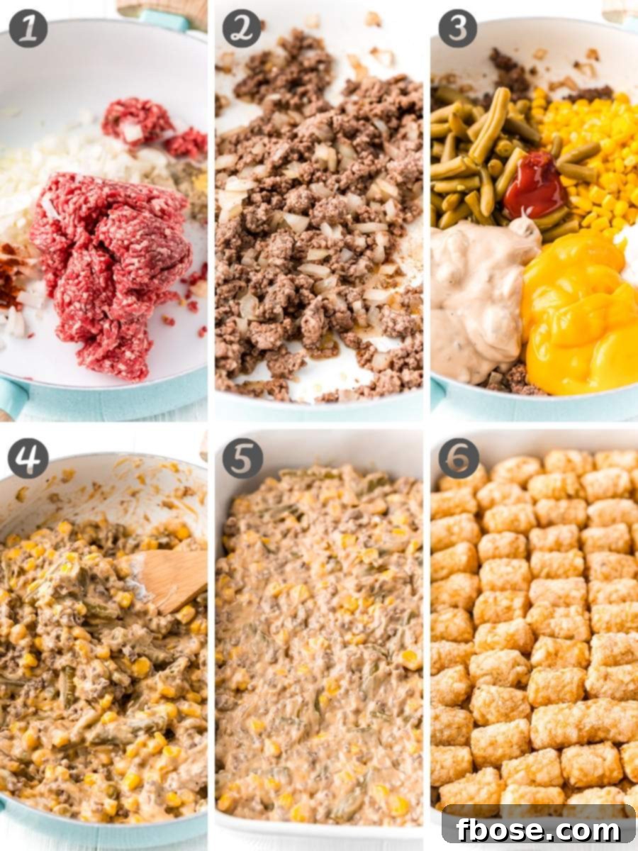 Step by step photo collage showing hot to make a tater tot hotdish.