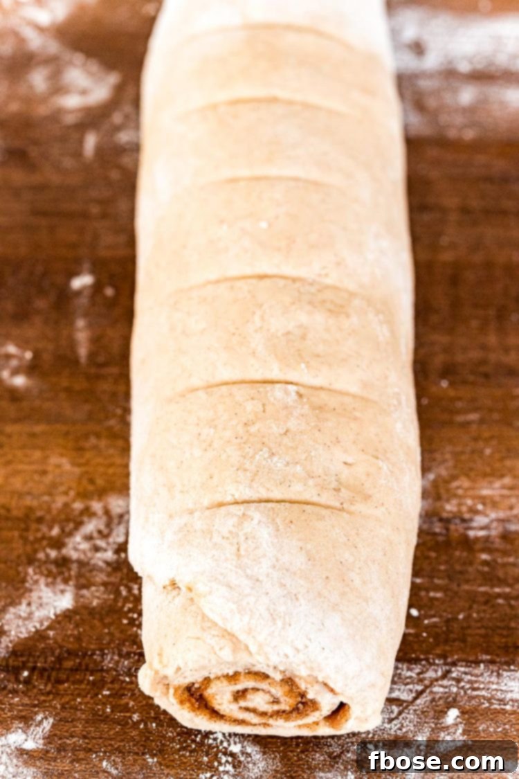 Cinnamon roll dough tightly rolled into a log, with dental floss used to mark even portions for slicing, lying on a floured surface.