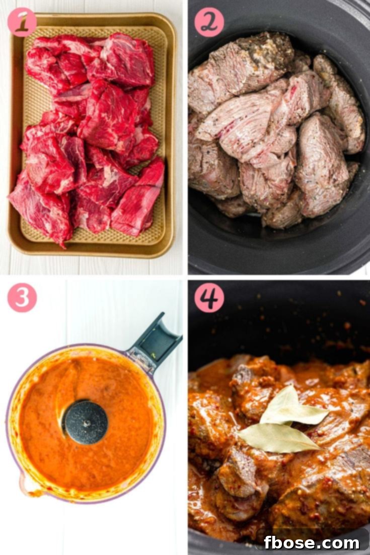 Step by step photo collage showing how to make barbacoa beef.