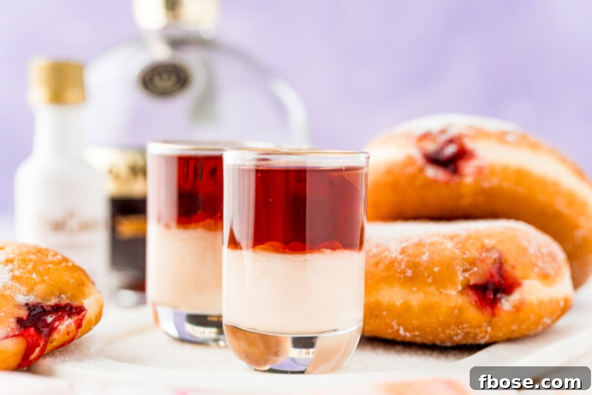 Glazed Jam Shot 5 Close up photo of jelly donut shots on the table with jelly donuts in the background.