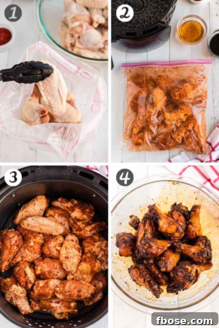 step-by-step photo collage showing how to make chicken wings in the air fryer.