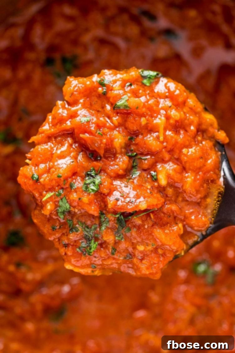 Signature Marinara 2 Close up photo of a ladle of marinara sauce.
