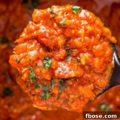 Signature Marinara 8 Close up photo of a ladle of marinara sauce.