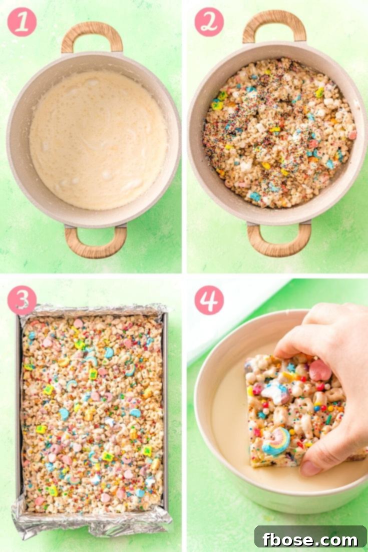 Step-by-step photo collage showing how to make lucky charms treats.