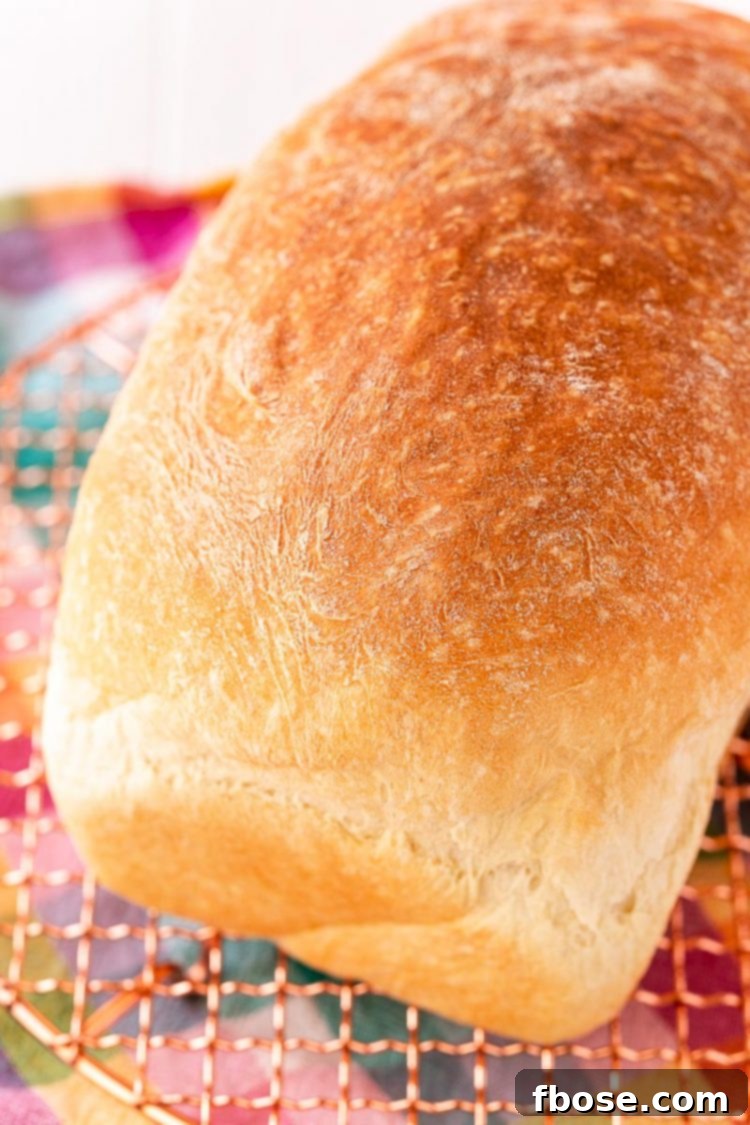 A single, perfectly golden-brown loaf of homemade bread resting invitingly on a wire cooling rack, placed atop a cheerful, colorful napkin.