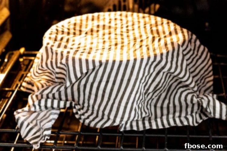 A bowl of bread dough covered with a damp cloth, placed inside an oven with its door ajar, utilizing the oven's warmth for optimal proofing.
