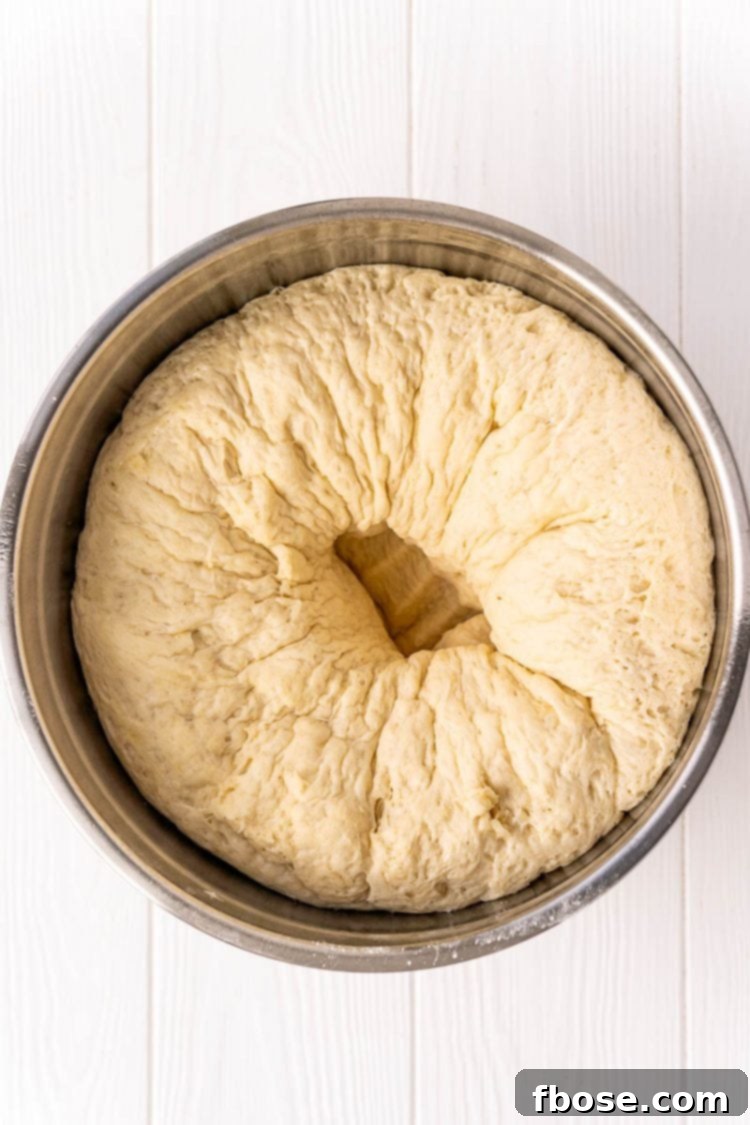 Fluffy bread dough in a metal bowl after rising, showing a distinct indentation in the center where it has been punched down to release air.