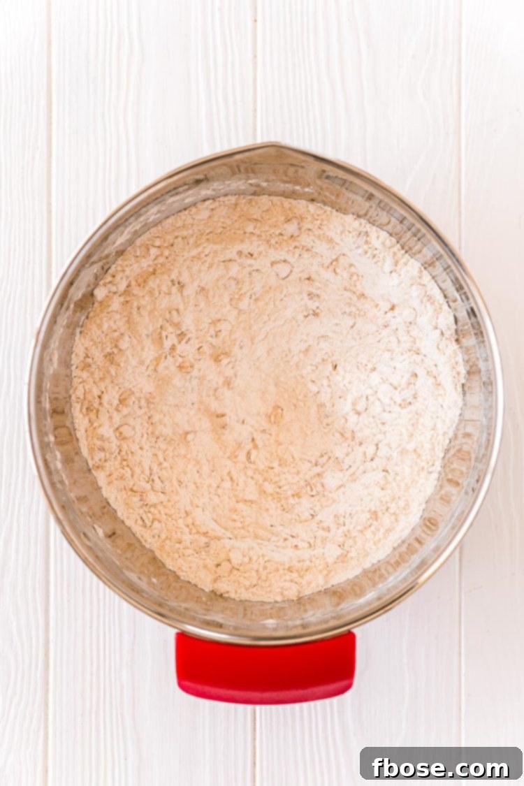A stainless steel mixing bowl holds dry ingredients for cookies, perfectly whisked together and ready for the next step.