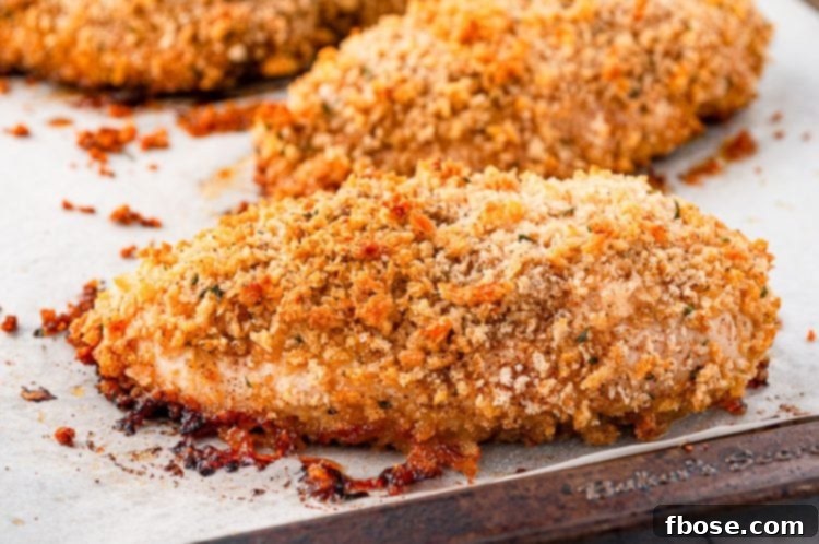 Freshly baked oven-fried chicken breast, golden and crispy, on a baking sheet lined with parchment paper.
