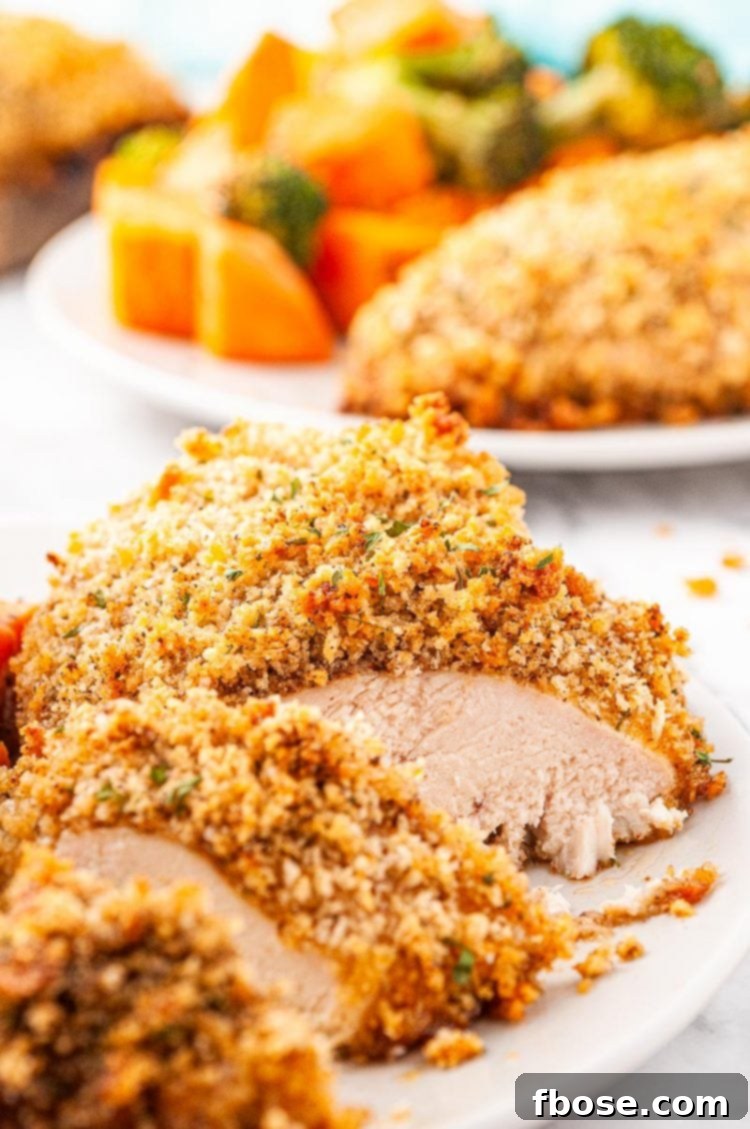 Perfectly sliced breaded chicken breast on a white plate, revealing a juicy interior.
