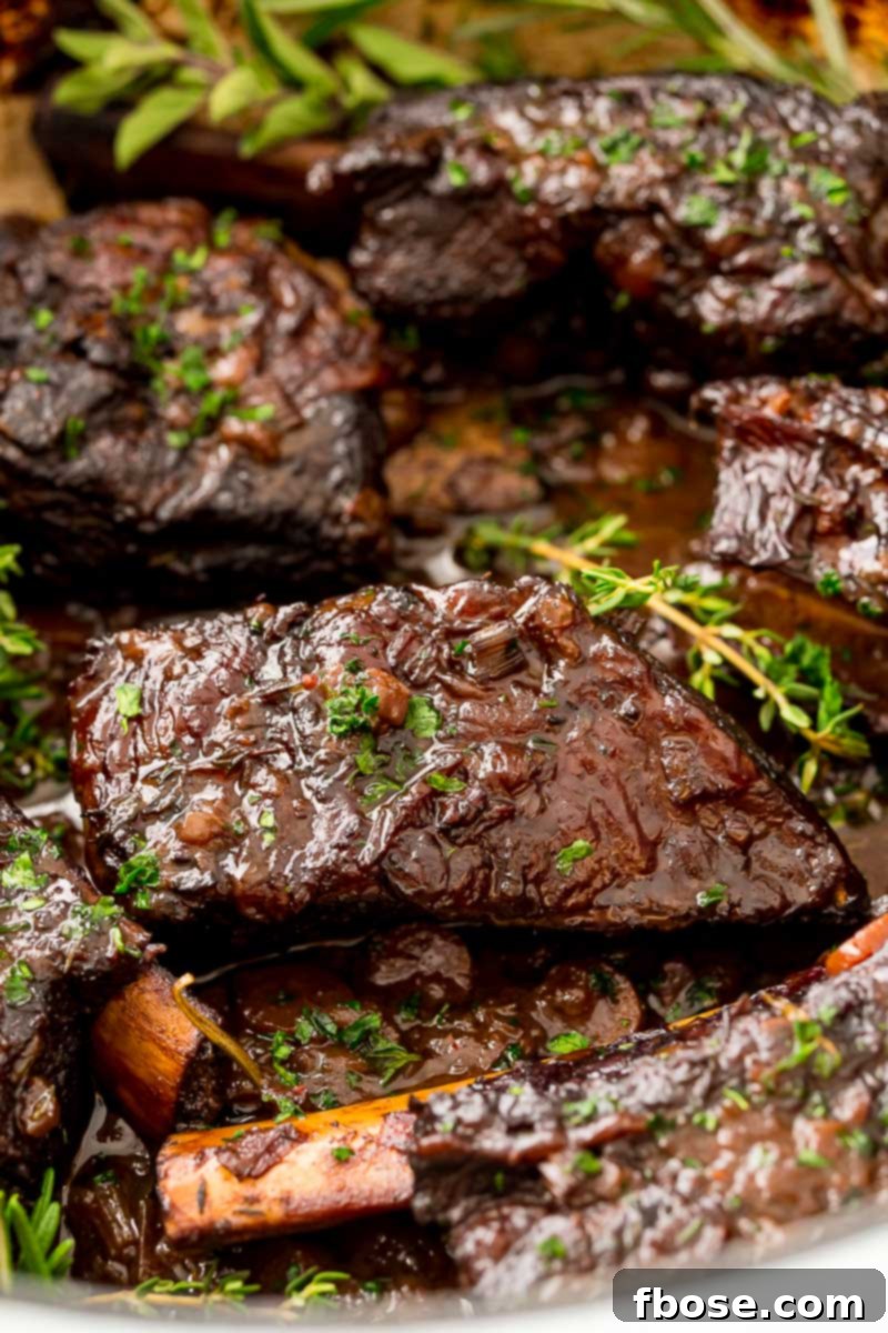Tender braised beef short ribs simmering in a rich sauce inside a Dutch oven, ready to be served as a comforting meal.