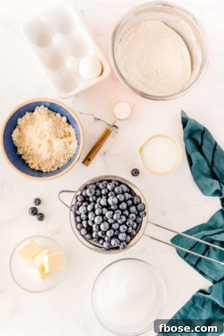 Overhead photo of ingredients prepped to make a blueberry buckle, including fresh blueberries, flour, sugar, and butter.