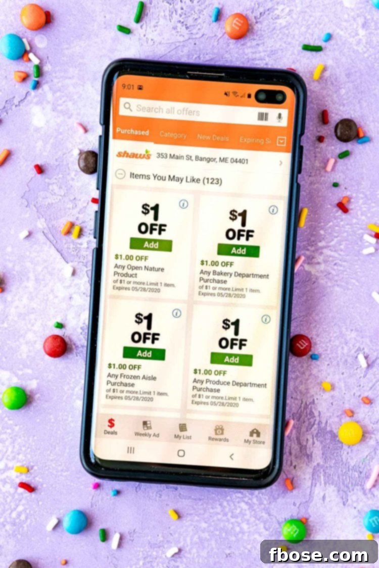 Photo of a smart phone with the Shaw's Supermarket App open on it.
