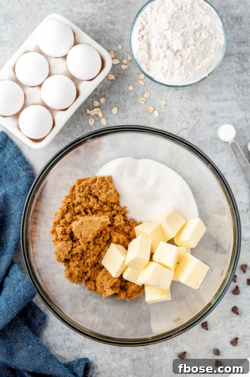 Butter and sugars in a large mixing bowl.