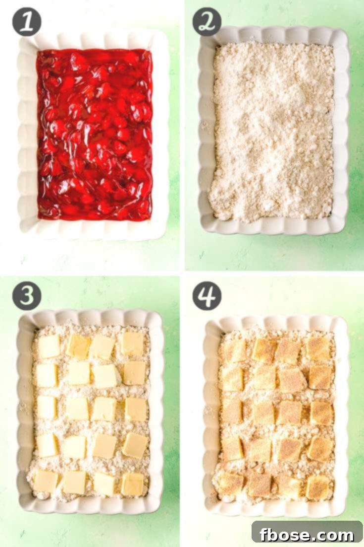A step-by-step photo collage illustrating the process of making strawberry dump cake, from layering ingredients in a pan to the final baked dessert, with clear visual cues for each stage.