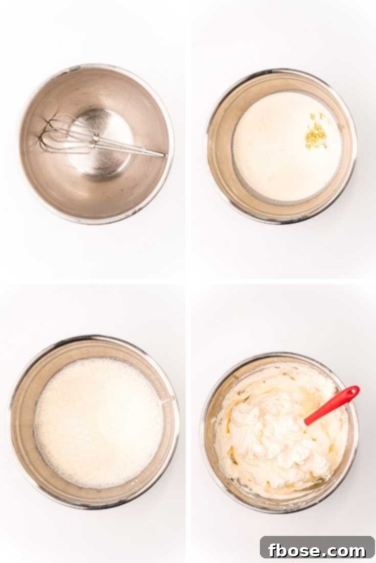 step-by-step photo collage showing how to make homemade whipped cream.