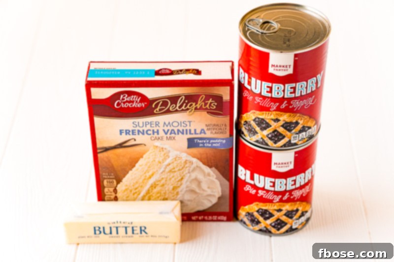 The three simple ingredients for an easy blueberry dump cake: two cans of blueberry pie filling, a box of yellow cake mix, and a stick of salted butter, neatly arranged on a white table.