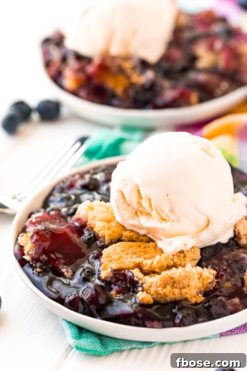 A slice of warm blueberry dump cake, golden brown and bubbly, served on a white plate and topped with a melting scoop of vanilla ice cream, ready to be enjoyed.