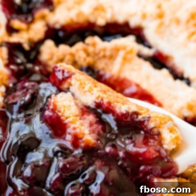 blueberry cobbler in a baking dish with a spoon scooping some out.