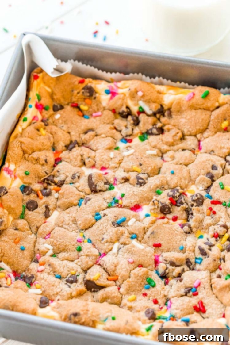 Chocolate chip cheesecake bars cooling in a metal baking pan, showing the golden cookie topping and creamy filling.