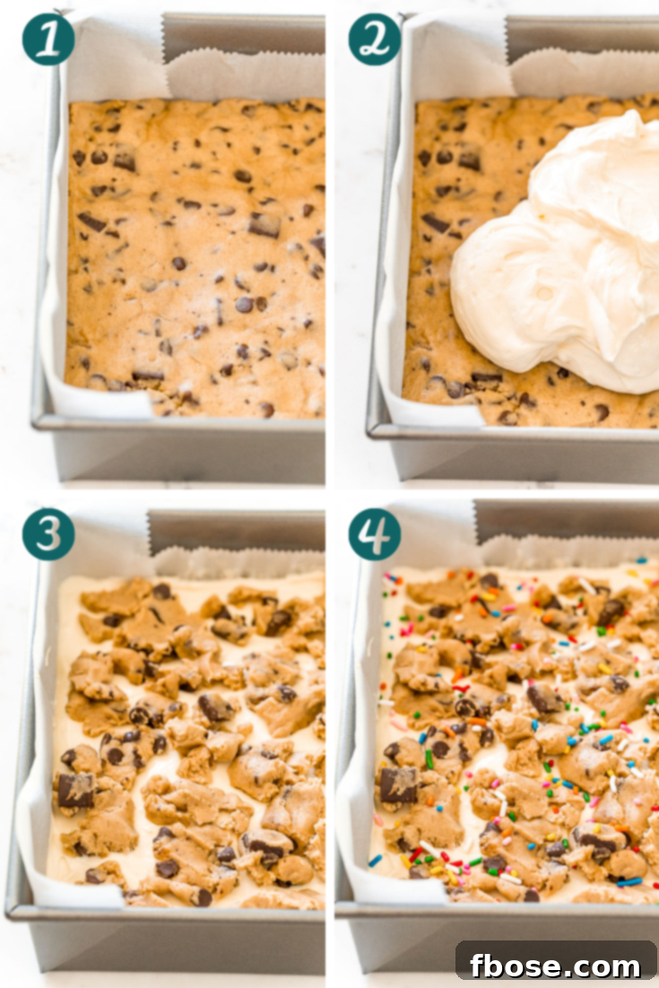 Step-by-step photo collage illustrating the process of making chocolate chip cookie cheesecake bars: pressing cookie dough, spreading filling, adding more cookie dough, and the finished baked bars.