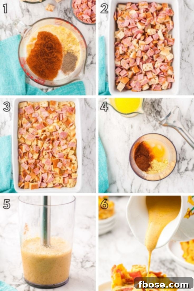 A step-by-step photo collage detailing the process of making Eggs Benedict breakfast casserole, from layering to baking.