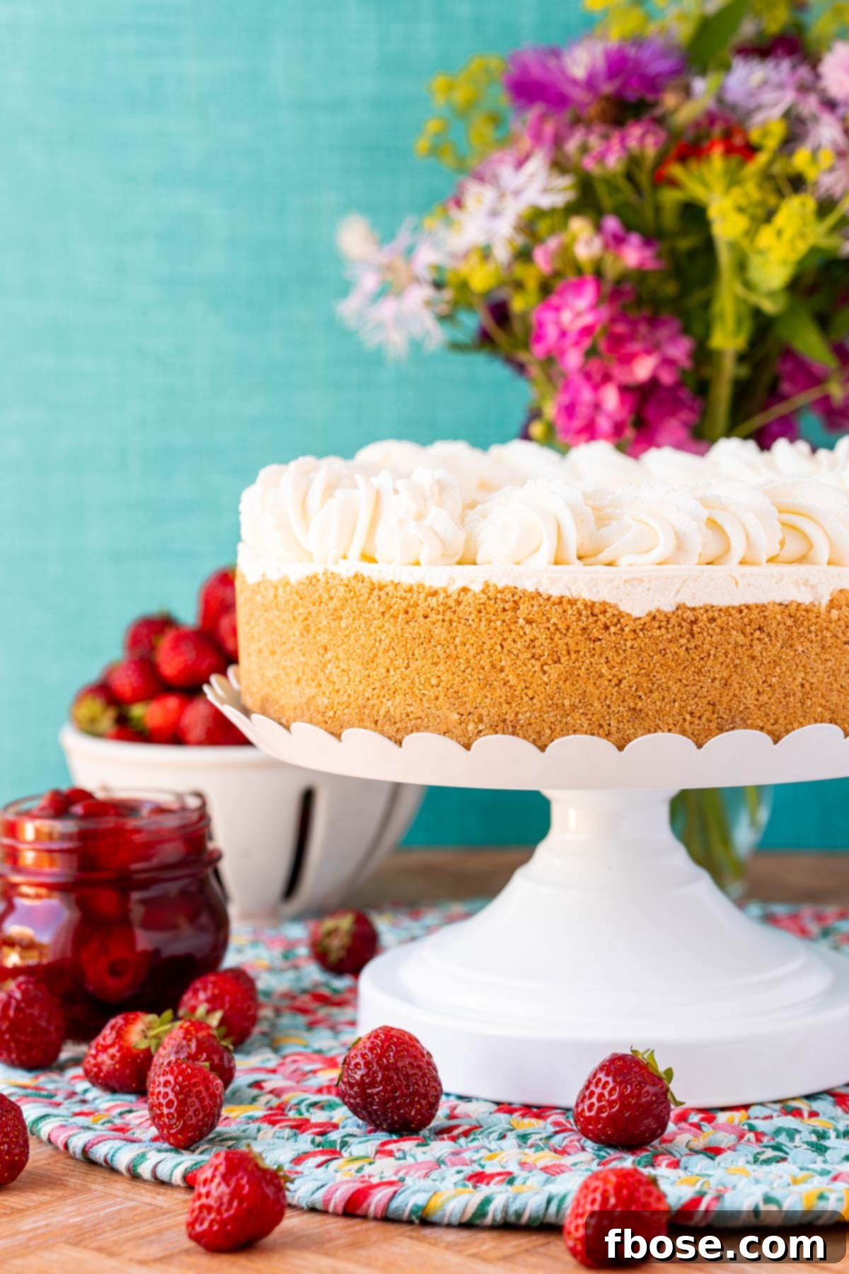 A no bake cheesecake on a white cake stand with strawberries and flowers in the background.