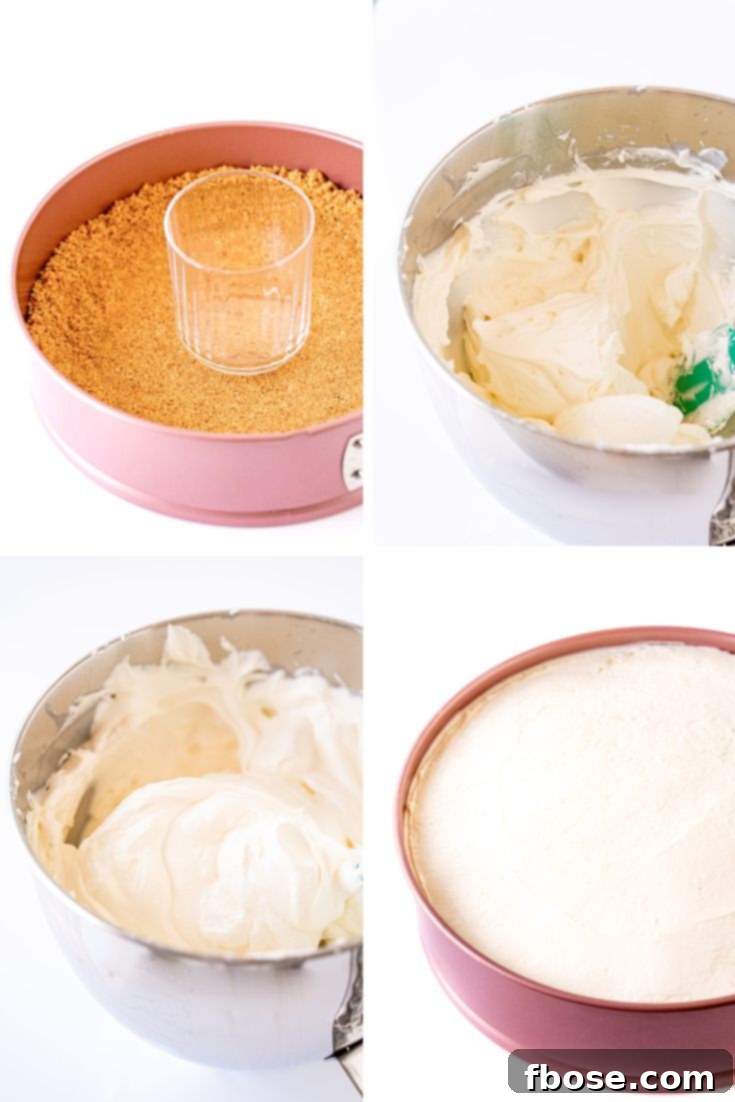 Step by step photo collage showing how to make no-bake cheesecake.
