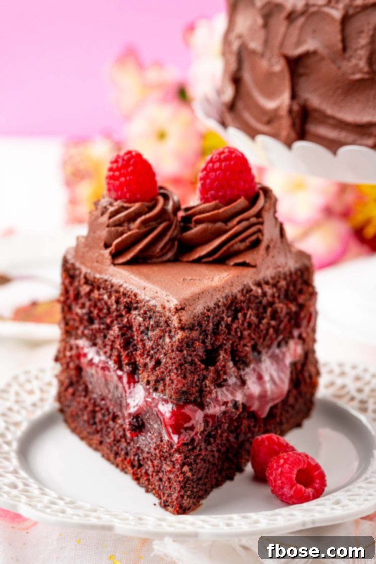 Close up photo of a slice of raspberry chocolate cake on a white plate.